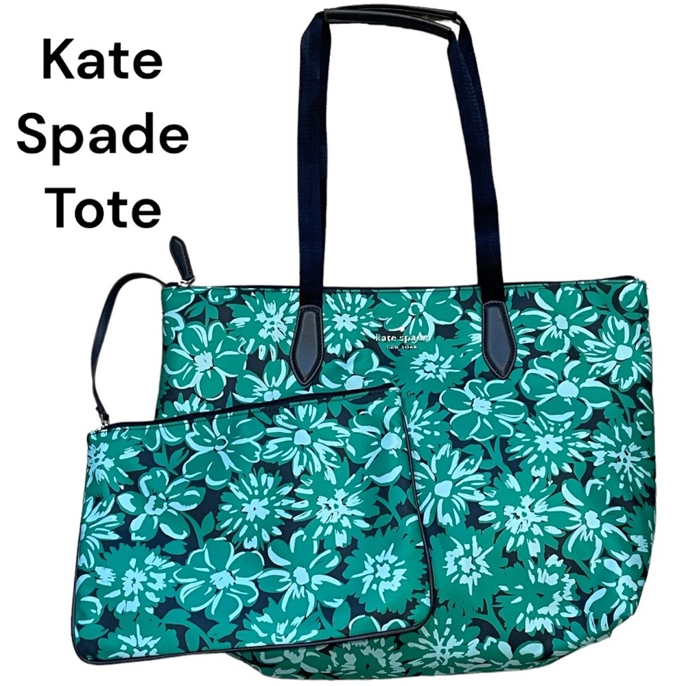 COPY - Kate Spade Green And Navy Nylon Floral Tote W/Wristlet